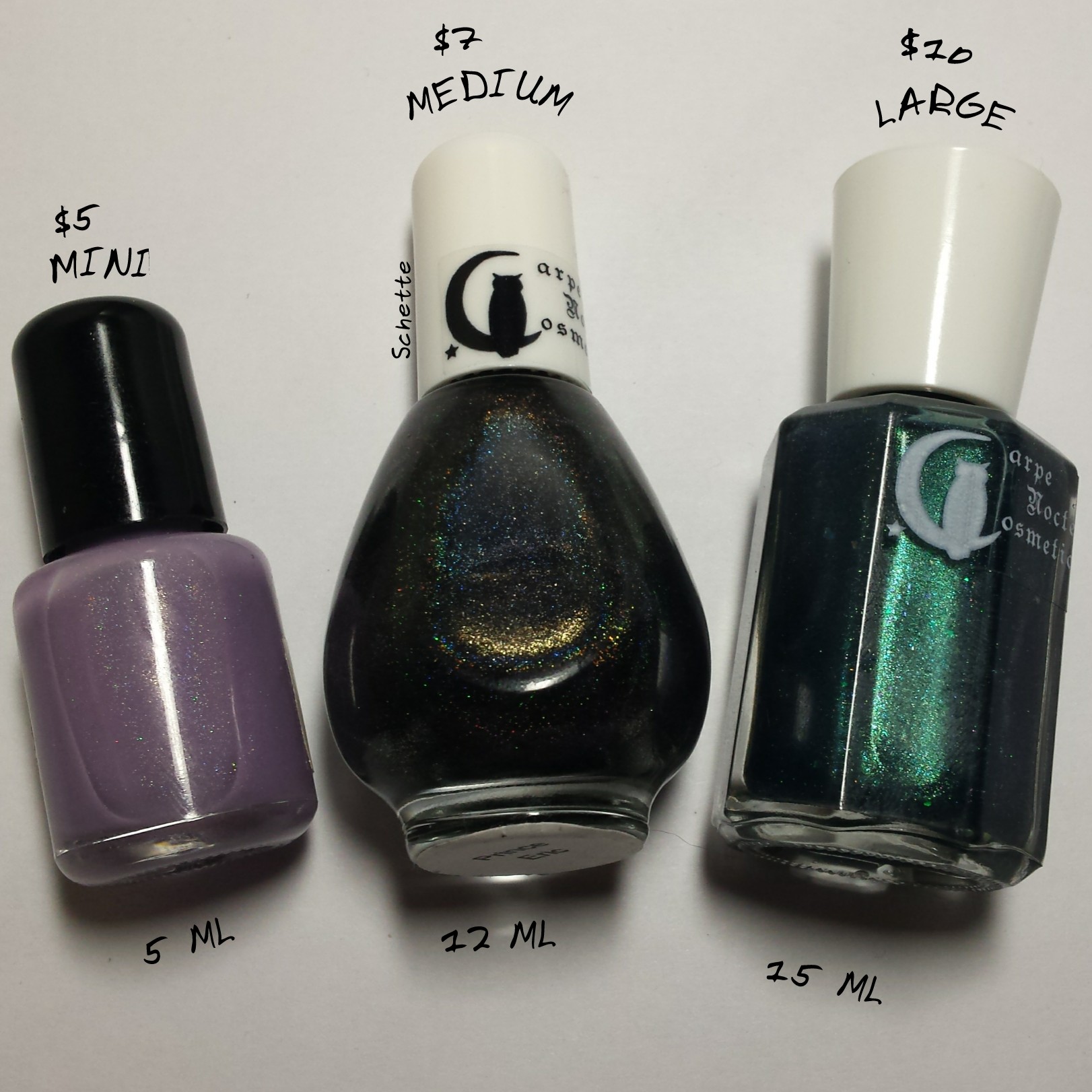 Carpe Noctem Cosmetics - Comparison of bottles
